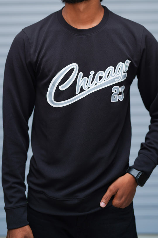 Men’s Printed Sweatshirt – Chicago Graphic Full Sleeve Casual Streetwear - Black – alternate view – 7MAN India