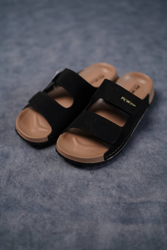 Men’s Premium Dual Strap Slippers for Daily Wear | Trendy Casual Slides - Bitcoin-4(Black) – 7MAN Men's Fashion India