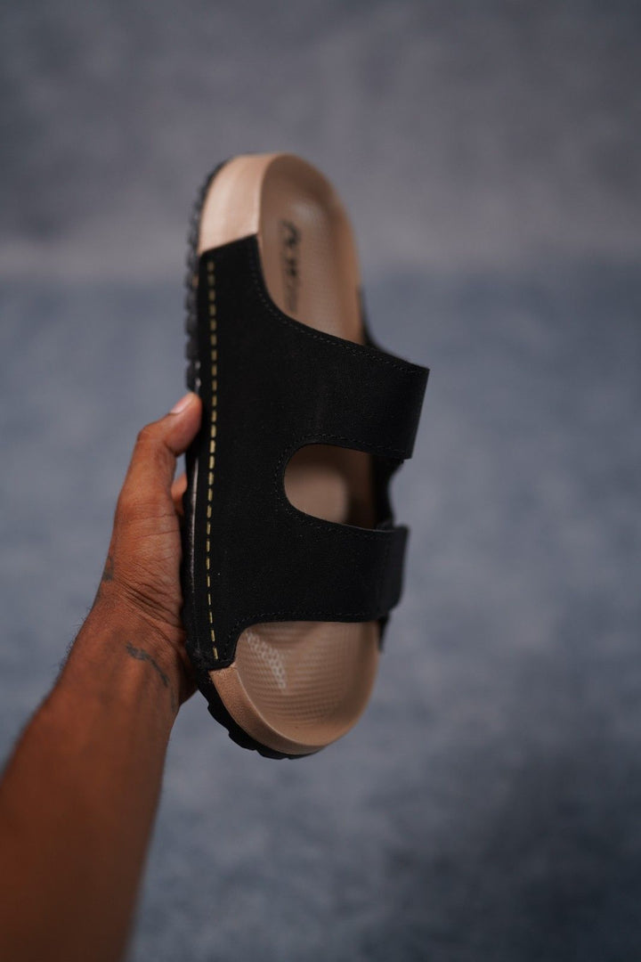 Men’s Premium Dual Strap Slippers for Daily Wear | Trendy Casual Slides - Bitcoin-4(Black)