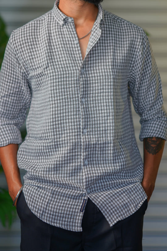 Men’s Premium Checked Korean Linen Shirt | Casual Full Sleeve Shirt - Grey – alternate view – 7MAN India