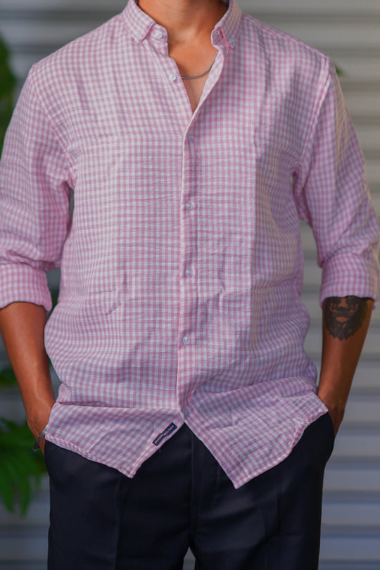 Men’s Premium Checked Korean Linen Shirt | Casual Full Sleeve Shirt - Pink – alternate view – 7MAN India