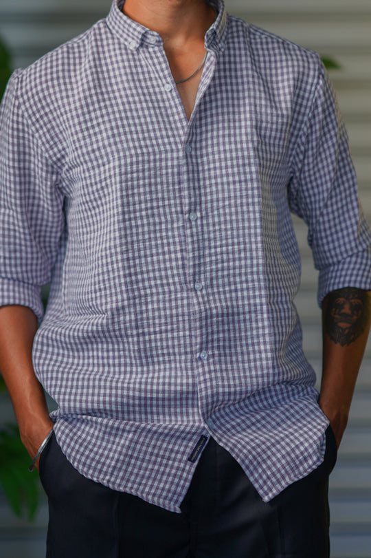 Men’s Premium Checked Korean Linen Shirt | Casual Full Sleeve Shirt - Purple – alternate view – 7MAN India