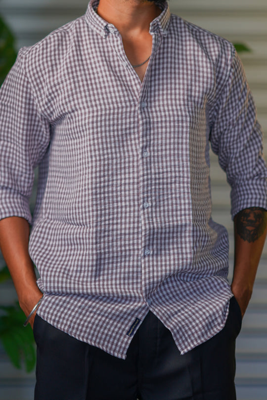 Men’s Premium Checked Korean Linen Shirt | Casual Full Sleeve Shirt - Brown – alternate view – 7MAN India