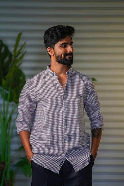 Men’s Premium Checked Korean Linen Shirt | Casual Full Sleeve Shirt - Brown