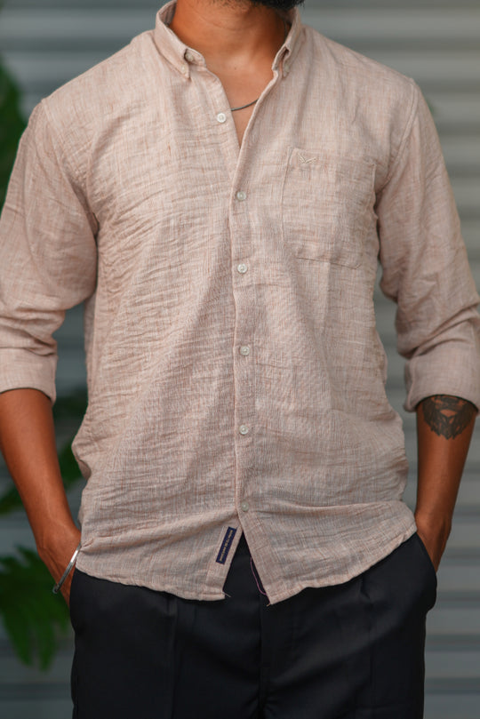 Men's Korean Linen Plain Shirt – Premium Casual Full Sleeve Shirt - Beige – alternate view – 7MAN India