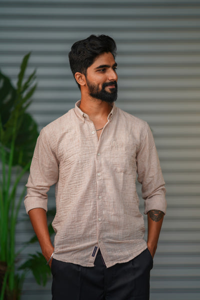Men's Korean Linen Plain Shirt – Premium Casual Full Sleeve Shirt - Beige