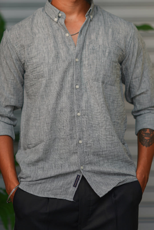Men's Korean Linen Plain Shirt – Premium Casual Full Sleeve Shirt - Grey – alternate view – 7MAN India