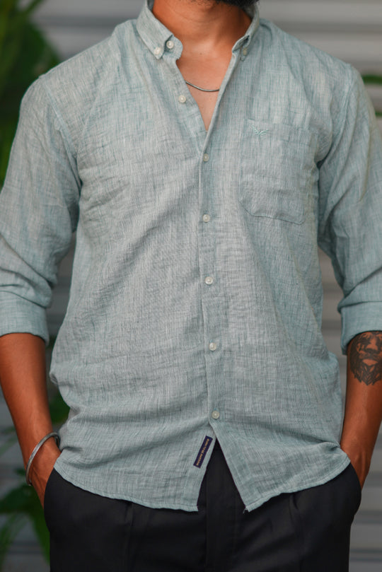 Men's Korean Linen Plain Shirt – Premium Casual Full Sleeve Shirt - Green – alternate view – 7MAN India