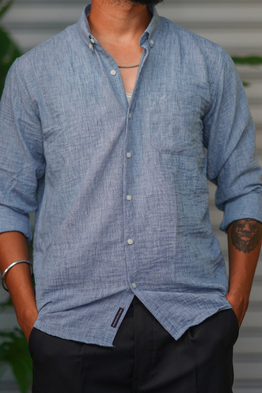 Men's Korean Linen Plain Shirt – Premium Casual Full Sleeve Shirt - Blue – alternate view – 7MAN India