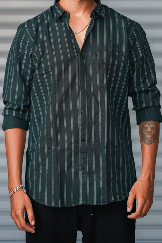 Men's Vertical Striped Cotton Casual Shirt | Premium Full Sleeve Shirt - Bottle Green – alternate view – 7MAN India