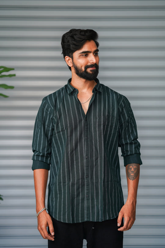 Men's Vertical Striped Cotton Casual Shirt | Premium Full Sleeve Shirt - Bottle Green – 7MAN Men's Fashion India