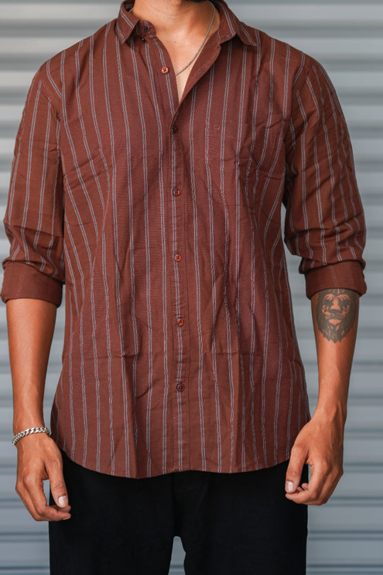 Men's Vertical Striped Cotton Casual Shirt | Premium Full Sleeve Shirt - Brown – alternate view – 7MAN India