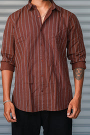 Men's Vertical Striped Cotton Casual Shirt | Premium Full Sleeve Shirt - Brown