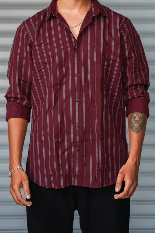 Men's Vertical Striped Cotton Casual Shirt | Premium Full Sleeve Shirt - Maroon – alternate view – 7MAN India