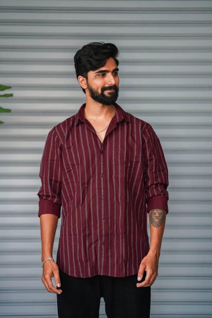 Men's Vertical Striped Cotton Casual Shirt | Premium Full Sleeve Shirt - Maroon