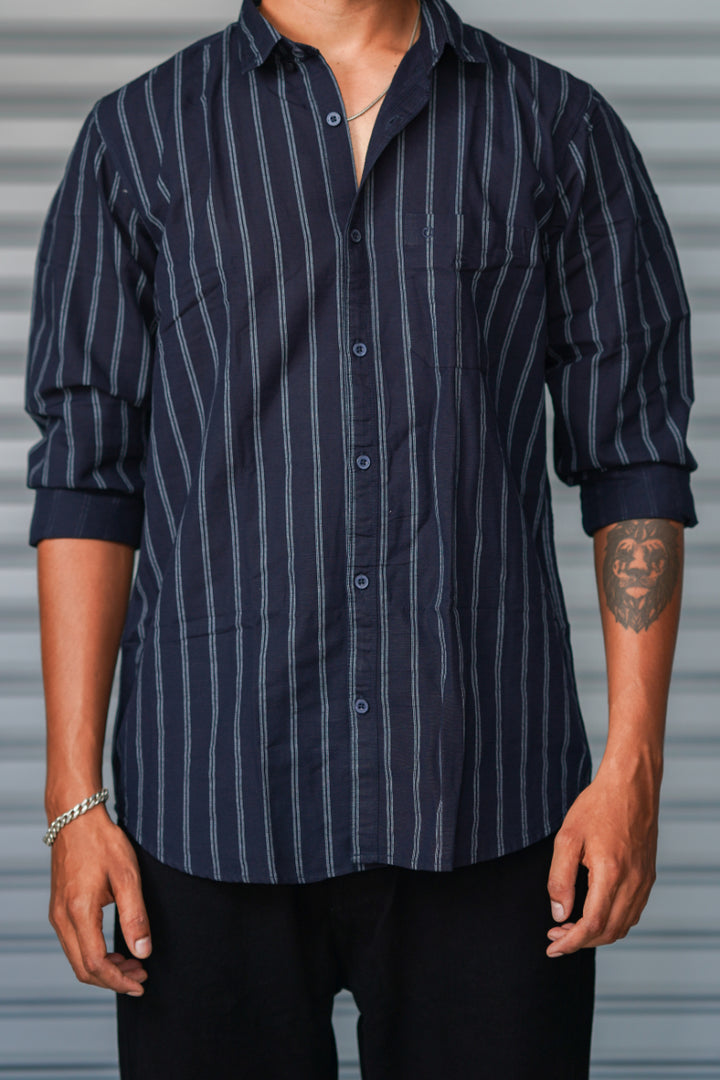 Men's Vertical Striped Cotton Casual Shirt | Premium Full Sleeve Shirt - Blue