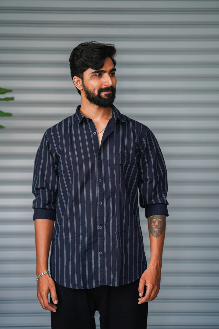 Men's Vertical Striped Cotton Casual Shirt | Premium Full Sleeve Shirt - Blue
