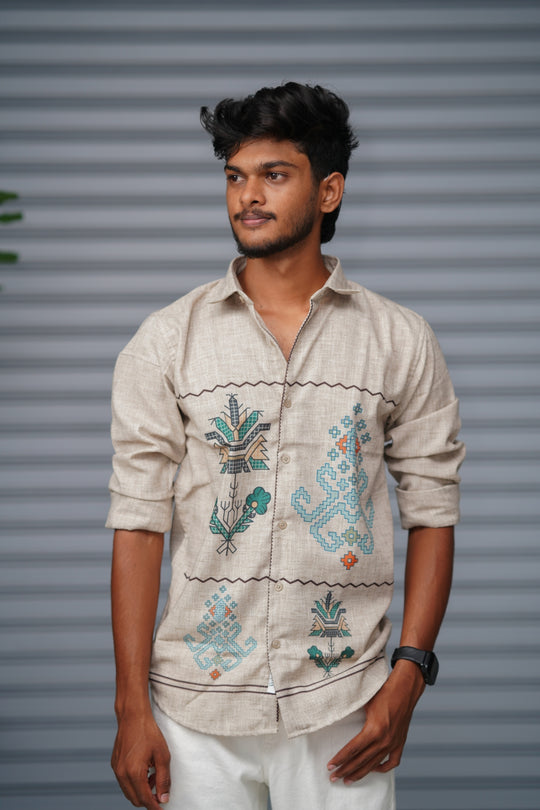 Premium Full Sleeve Abstract Printed Shirt for Men | Everyday Casual Wear - Light Beige – 7MAN Men's Fashion India