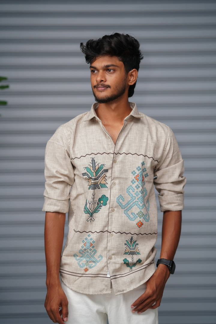 Premium Full Sleeve Abstract Printed Shirt for Men | Everyday Casual Wear - Light Beige