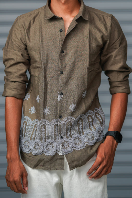 Men's Full Sleeve Embroidered Casual Shirt | Premium Regular Fit - Olive Green – alternate view – 7MAN India