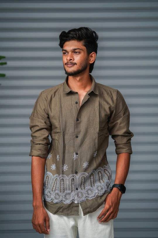 Men's Full Sleeve Embroidered Casual Shirt | Premium Regular Fit - Olive Green – 7MAN Men's Fashion India