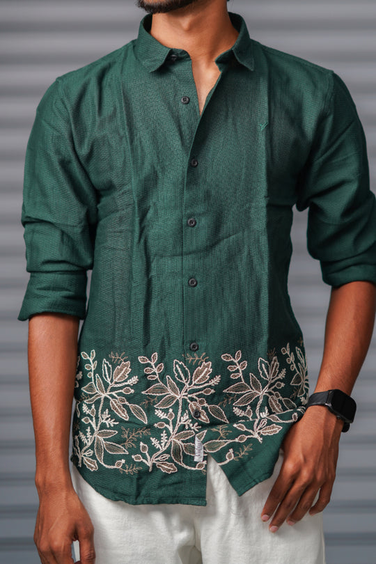 Men's Full Sleeve Embroidered Casual Shirt | Premium Regular Fit - Bottle Green – alternate view – 7MAN India