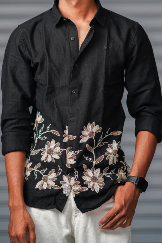 Men's Full Sleeve Embroidered Casual Shirt | Premium Regular Fit - Black – alternate view – 7MAN India