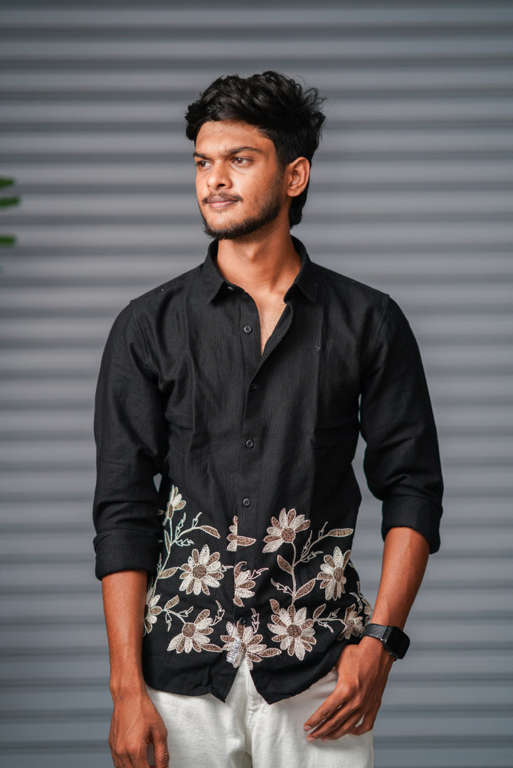 Men's Full Sleeve Embroidered Casual Shirt | Premium Regular Fit - Black