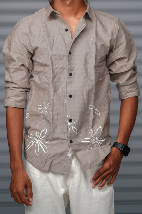 Men's Full Sleeve Embroidered Casual Shirt | Premium Regular Fit - Grey – alternate view – 7MAN India