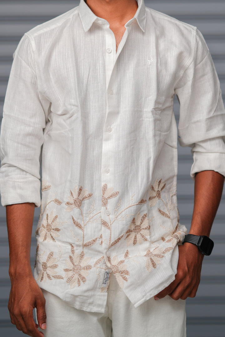 Men's Full Sleeve Floral Embroidered Casual Shirt | Premium Regular Fit - White