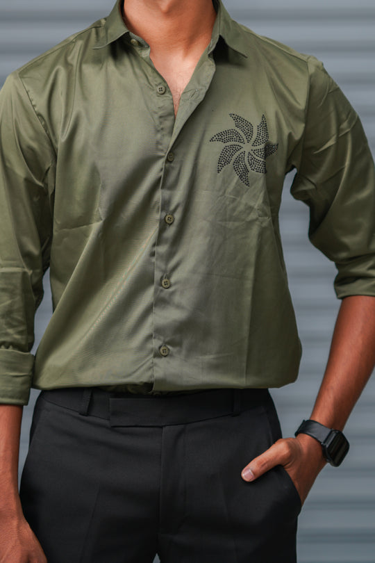 Men's Satin Party Shirt with Stone Work | Premium Full Sleeve Shirt | Olive Green – alternate view – 7MAN India
