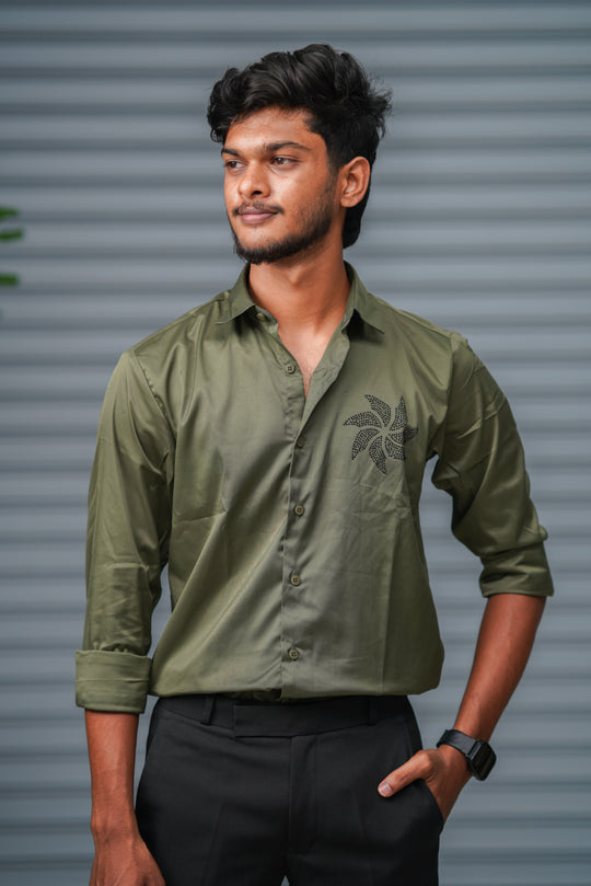Men's Satin Party Shirt with Stone Work | Premium Full Sleeve Shirt | Olive Green – 7MAN Men's Fashion India
