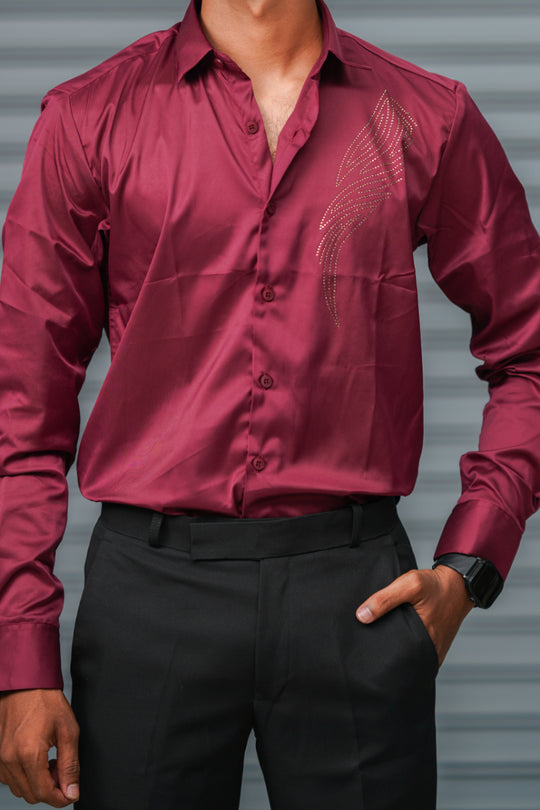 Men's Satin Party Shirt with Stone Work | Premium Full Sleeve Shirt | Wine – alternate view – 7MAN India