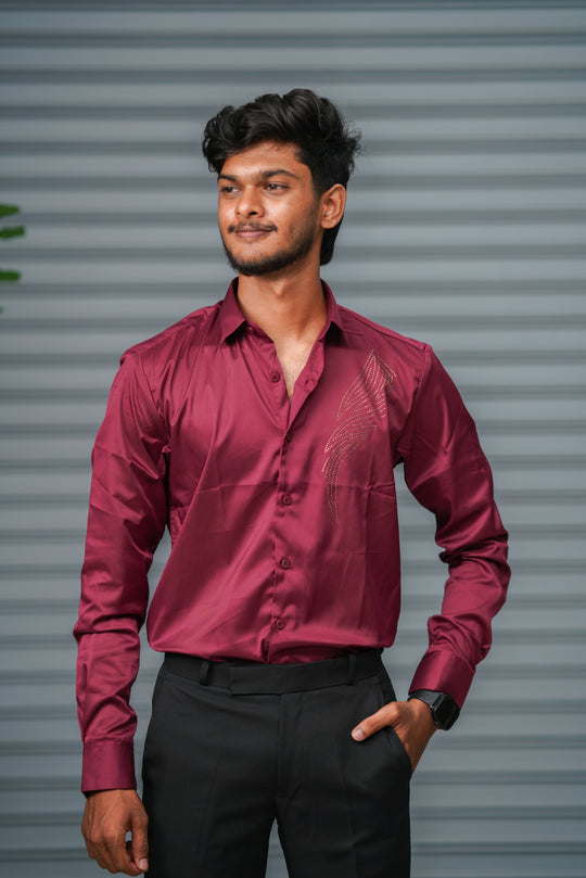 Men's Satin Party Shirt with Stone Work | Premium Full Sleeve Shirt | Wine – 7MAN Men's Fashion India