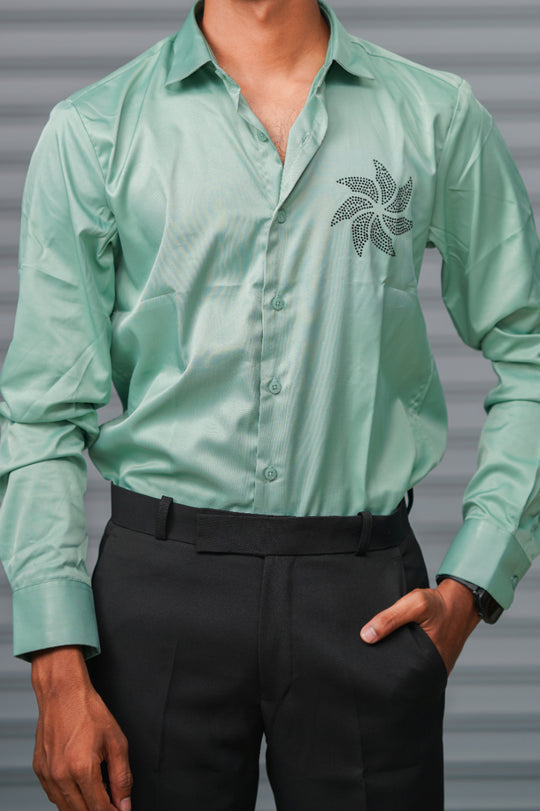 Men's Satin Party Shirt with Stone Work | Premium Full Sleeve Shirt | Mint Green – alternate view – 7MAN India