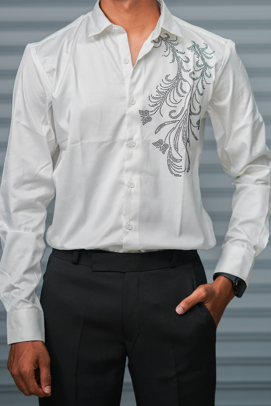 Men's Satin Party Shirt with Stone Work | Premium Full Sleeve Shirt | White – alternate view – 7MAN India