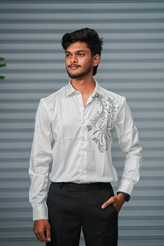 Men's Satin Party Shirt with Stone Work | Premium Full Sleeve Shirt | White – 7MAN Men's Fashion India