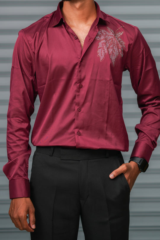 Men's Satin Party Shirt with Stone Flower Work | Premium Full Sleeve Shirt | Dark Wine – alternate view – 7MAN India