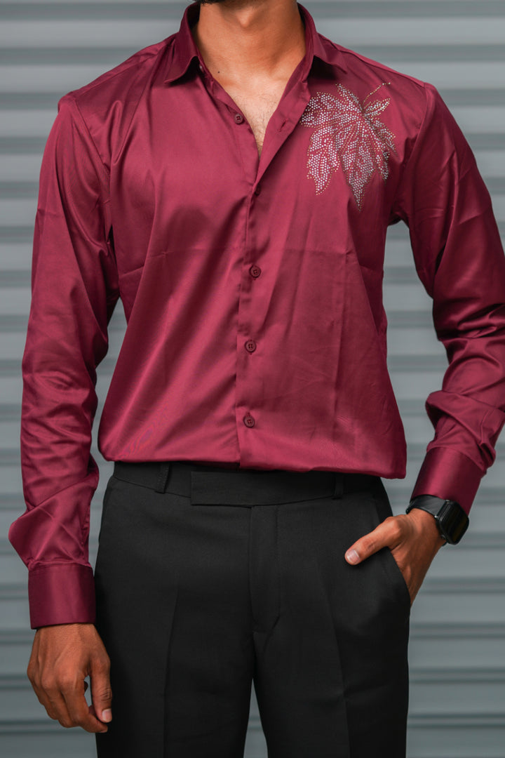 Men's Satin Party Shirt with Stone Flower Work | Premium Full Sleeve Shirt | Dark Wine