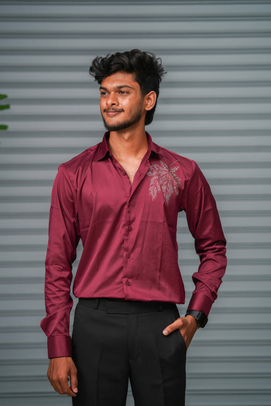 Men's Satin Party Shirt with Stone Flower Work | Premium Full Sleeve Shirt | Dark Wine – 7MAN Men's Fashion India