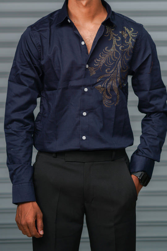 Men's Satin Party Shirt with Stone Work | Premium Full Sleeve Shirt | Navy Blue – alternate view – 7MAN India