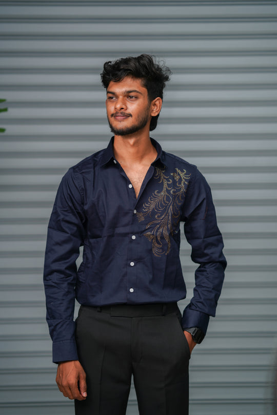 Men's Satin Party Shirt with Stone Work | Premium Full Sleeve Shirt | Navy Blue – 7MAN Men's Fashion India