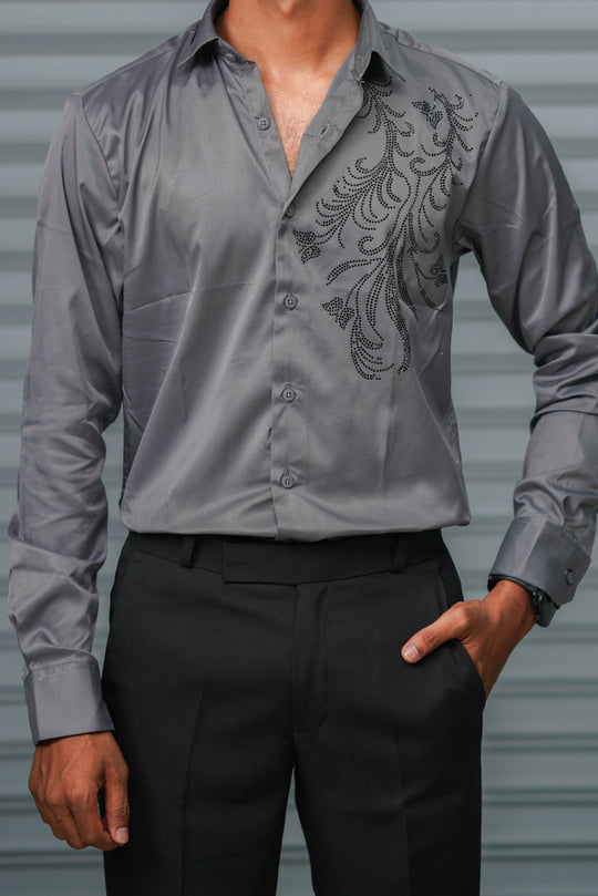 Men's Satin Party Shirt with Stone Flower Work | Premium Full Sleeve Shirt | Grey – alternate view – 7MAN India