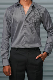 Men's Satin Party Shirt with Stone Flower butterfly Work | Premium Full Sleeve Shirt | Grey