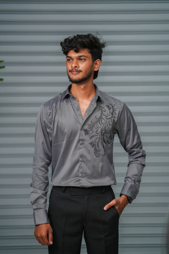Men's Satin Party Shirt with Stone Flower Work | Premium Full Sleeve Shirt | Grey – 7MAN Men's Fashion India