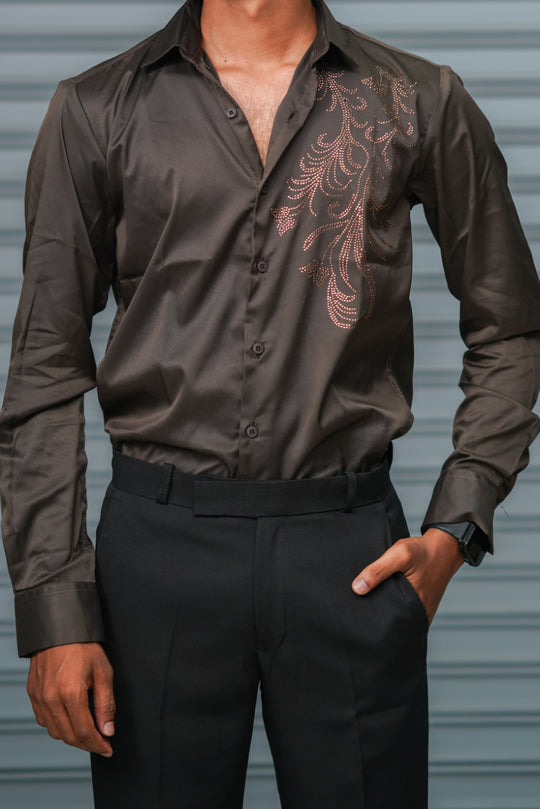 Men's Satin Party Shirt with Stone Work | Premium Full Sleeve Shirt | Brown – alternate view – 7MAN India