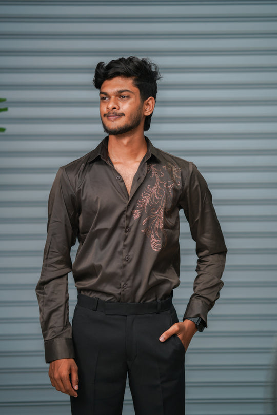 Men's Satin Party Shirt with Stone Work | Premium Full Sleeve Shirt | Brown – 7MAN Men's Fashion India
