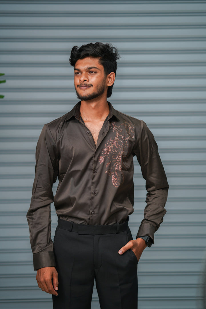 Men's Satin Party Shirt with Stone Work | Premium Full Sleeve Shirt | Brown