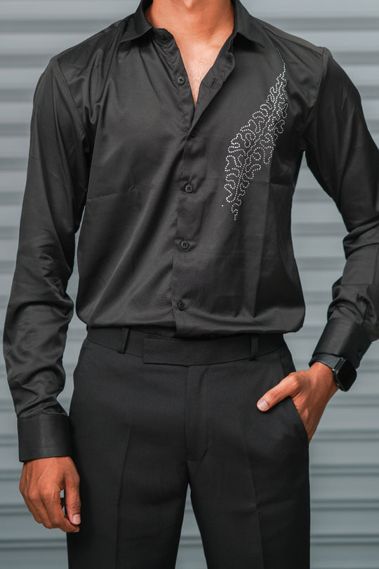 Men's Satin Party Shirt with Stone Flower Work | Premium Full Sleeve Shirt | Black – alternate view – 7MAN India