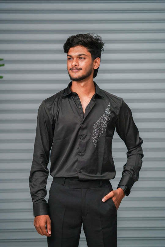 Men's Satin Party Shirt with Stone Flower Work | Premium Full Sleeve Shirt | Black – 7MAN Men's Fashion India